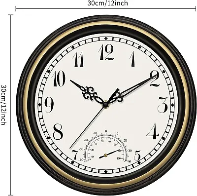 Indoor Outdoor Vintage Style Wall Clock With Thermometer   Silent  Weatherproof • £11.95