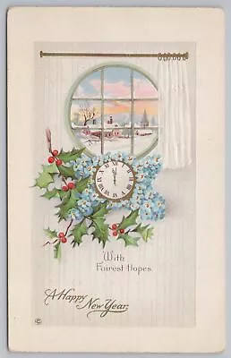 Holiday~New Year~Clock~Winter View From Window~Stecher Vintage Postcard • $1.40