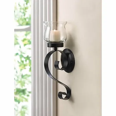 Gorgeous Black Iron Glass Scrolling Wall Mount Candleholder Sconce Home Decor • $23.89