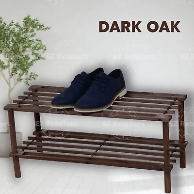 2 Tier Dark Oak Wooden Shoe Rack Footwear Storage Organiser Unit Shelf Trainers • £8.99