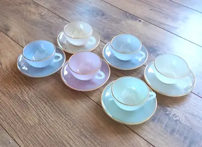 £79.99 • Buy Vintage French Arcopal Opale Opaline Glass Tea/Coffee Cup Saucer Set Of Six BOX