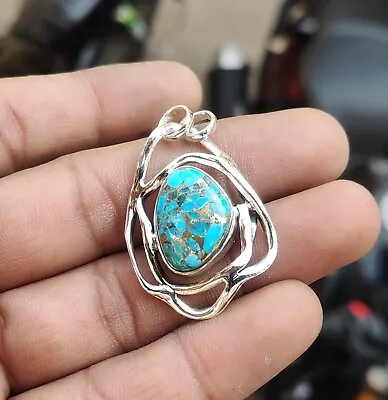 Blue Copper Turquoise Gemstone Pendant 925 Sterling Silver Handmade Gift PG717 • $17.51