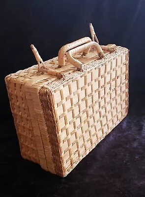 Vintage Bamboo Cane Woven Storage  Wicker Basket Container Wrapped Handle Lid  • $14.99