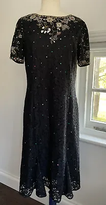 £95 • Buy Caroline Charles Black Lace Sequin Beaded Stunning Lined Dress Size 14
