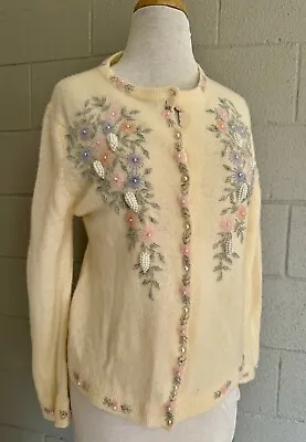 Vtg 60s Hong Kong Beaded Floral Lambswool Cardigan Sweater Sz 44 M/L As Is • $29