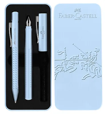 Faber-Castell Grip Fountain And Ballpoint Pen In Sky Blue - Gift Tin -NEW In Box • $37.95