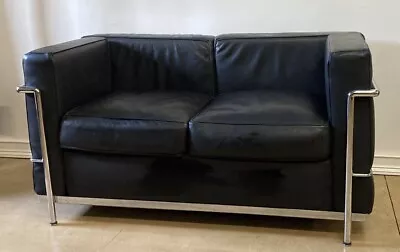 1980s Vintage Le Corbusier Le2 Style Black Mid Century 2 Seat Chrome Sofa • $2000