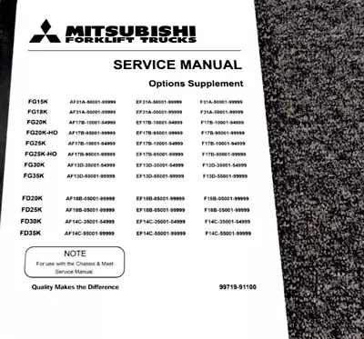 Mitsubishi FD35K Forklift OPTIONS Service Repair Manual Supplement 99719-91100 • $209.30