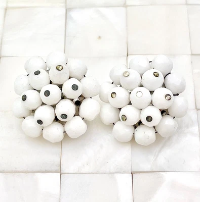 $5.99 • Buy Laguna Milk Glass Beaded Cluster Clip On Earrings The Vintage Strand