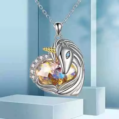 Silver Unicorn Crystal Pendant Necklace Women's Girls Silver Jewellery Gift • £3.99