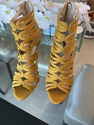 Zara Basic Yellow Gold Suede Leather Sandal Zip Strappy Bootie Heels Sz 40 US 10 • $35