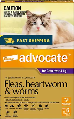 Advocate Flea Heartworm And Worm Control For Cats Over 4Kg Purple 6 Pack • $95.01