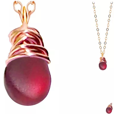 USA Artisan | COPPER Wire-wrapped SEA GLASS Red Small Pendant Chain Necklace #1 • $2.99