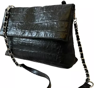 Nicole Miller Black Embossed PVC Leather Croc Zip Crossbody Bag Shoulder Purse • $22.80