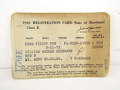 1961 MD Car Registration Stub Card Vintage • $11.99