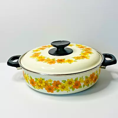 Noritake Japan Enamel Saucepan Pan Pot Floral Yellow Orange Flowers Vintage 27cm • $19.99