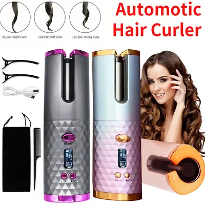 Automatic Hair Curler Cordless Curling Iron LCD Wireless Rotating Ceramic Waver • £16.11