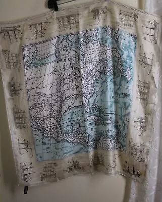 Estate Vintage Lands End Silk AMERICAS ANTIQUE MAPS SHIPS 35  Scarf Wrap Lux • $78.40