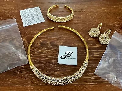 New Vintage Joan Boyce CZ Crystal Gold Tone Bracelet Necklace Earrings SET • $123
