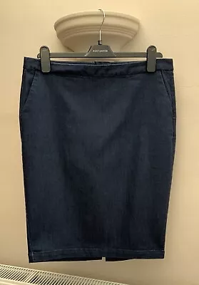 Women’s Next Plain Dark Blue Denim Knee Length Pencil Skirt Back Split Size 12 • £8.99