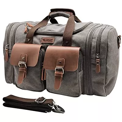  50L Travel Duffel Bag Expandable Canvas Genuine Leather Duffle Large-50L Grey • $65.15