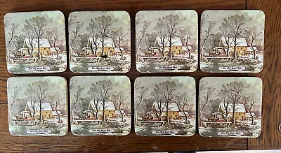 CURRIER & IVES Old Grist Mill Drink Coasters Set Of 8 Cork Christmas • $12.99