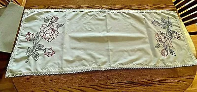  VINTAGE Runner Dresser Scarf Red Roses On Stem 1  Machine Made Lace Edge EUC • $9