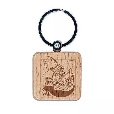 Fisherman And Mermaid Siren Engraved Wood Square Keychain Tag Charm • $9.99