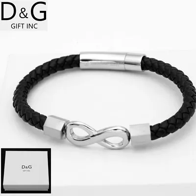 DG Men's 8  Stainless-SteelBraided LeatherEternity Bracelet High PolishBOX • $17.99