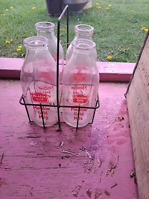 Lot Of 4 Vintage Glass Milk Bottles With Metal Carrier. • $25