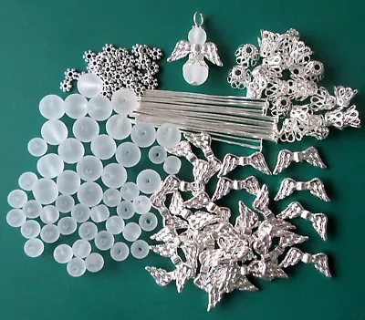 12 / 24 Guardian Angels / Fairy Charms/ Silver Wings Frosted Glass Beads Diy Kit • £4.95