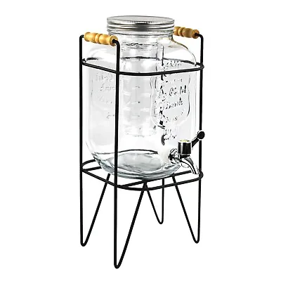 4L Glass Vintage Beverage Drinks Dispenser On Metal Stand Cocktail Jar With Tap • £15.85