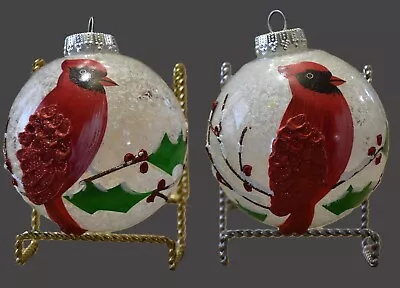 2 Lg 5” Plastic Embellished Cardinal W/Holly Christmas Tree Ornament Ball • $19.99