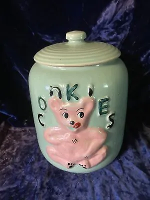 Adorable Vintage Pink Teddy Bear 9 1/2” Cookie Jar With Black & Green Lettering. • $24.99