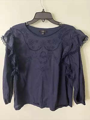 J Crew AW135  Embroidered Ruffle Sleeve Top Blouse Size Medium Navy Blue • $12.75