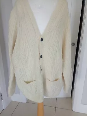 Aran Cardigan 2XL Fisherman's Ivory Warm Handknit -Pockets- Leather Buttons VTG • £35