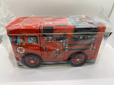 Vintage Fire Truck Metal Tin Coin Bank Moving Wheels  8 X 4 X 3  • $9.95