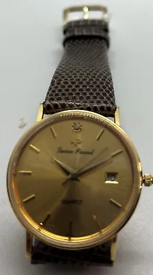 Gents 14k Case Lucien Piccard Watch Champagne Dial Date Brown Lizard Strap • $449