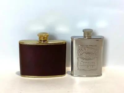 Jack Daniels Old No.7 Tennessee Whiskey Hip Flask + Brass And Leather Hip Flask • £5.36