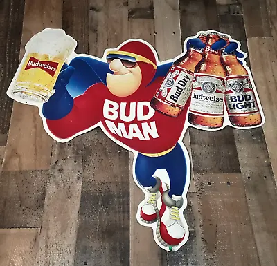 VTG Bud Man Budweiser Metal Tin Beer Sign 1980's Embossed Light Dry Bar 32x32 • $149.95