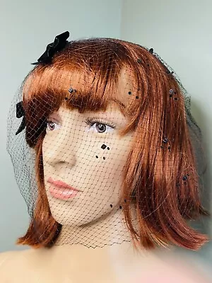 Vintage Mourning Veil Black With Two Velvet Bows With Beaded And Puff Accents • $40