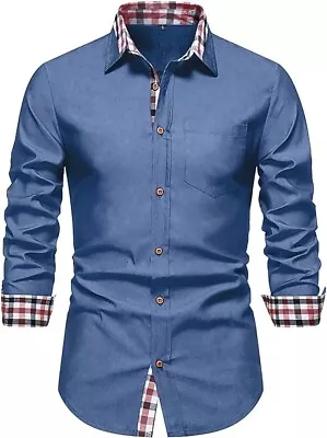 AUMELR Mens Denim Shirts Plaid Patchwork Slim Fit Casual Button Down Shirt 3XL • £25.98