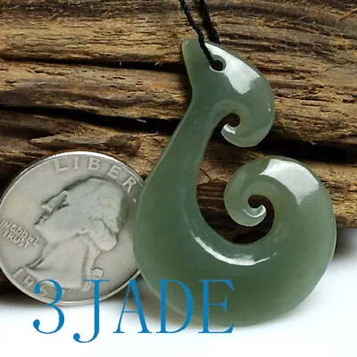 Natural Nephrite Jade Fish Hook Koru Pendant Necklace Maori Jewelry / Art  • $19.99