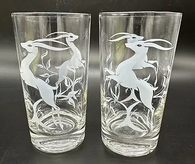 Vintage Set 2 White Gazelle Impala Leaping Highball Tumblers Federal Glasses 5  • $15