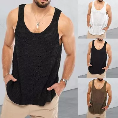 Mes T Shirts Knitting Tank Knitting Mens Muscle See Through Sleeveless • $19.99