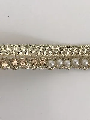 £2.95 • Buy INDIAN BRAIDED GOLD CRYSTAL AND PEARLS ON GOLD RIBBON LACE TRIM-SOLD By METRE