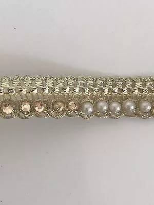 £2.95 • Buy INDIAN BRAIDED GOLD CRYSTAL AND PEARLS ON GOLD RIBBON LACE TRIM-SOLD By METRE