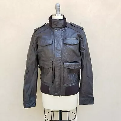 NWT Dockers Brown Genuine Leather Military Bomber Jacket Moto Biker Men's M • $60