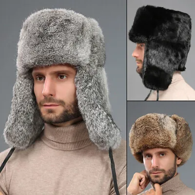Men Winter Warm Real Rabbit Fur Hat Russia Trapper Earflap Ski Cap Ushanka • $15.29