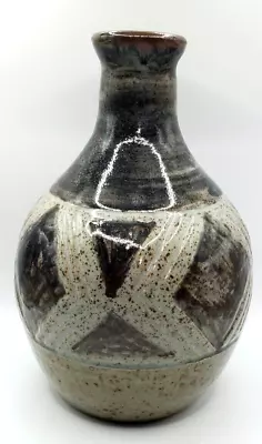 Stone Ware Asian Vase Signed With Two Fish Brown And Beige Speckle Glaze • $24.96
